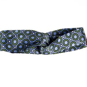 Tory Burch Silk Headband in Blue and Green Geometric Octagon Print. NWT.